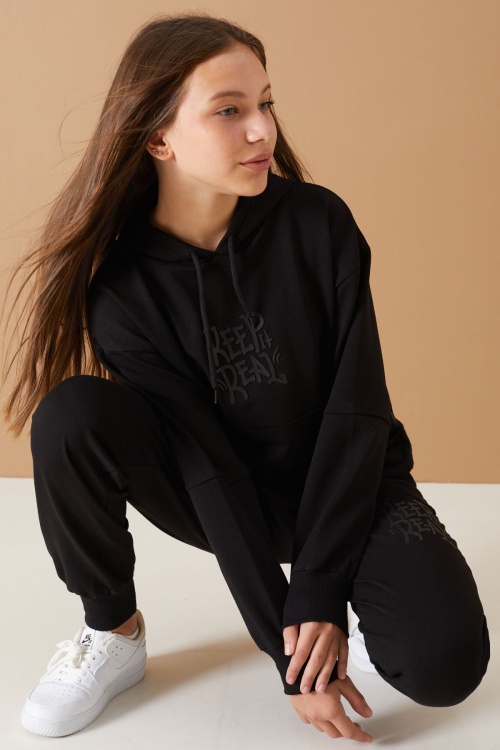 Siyah Keep Read Yazılı Kız Çocuk Kapüşonlu Takım 19313