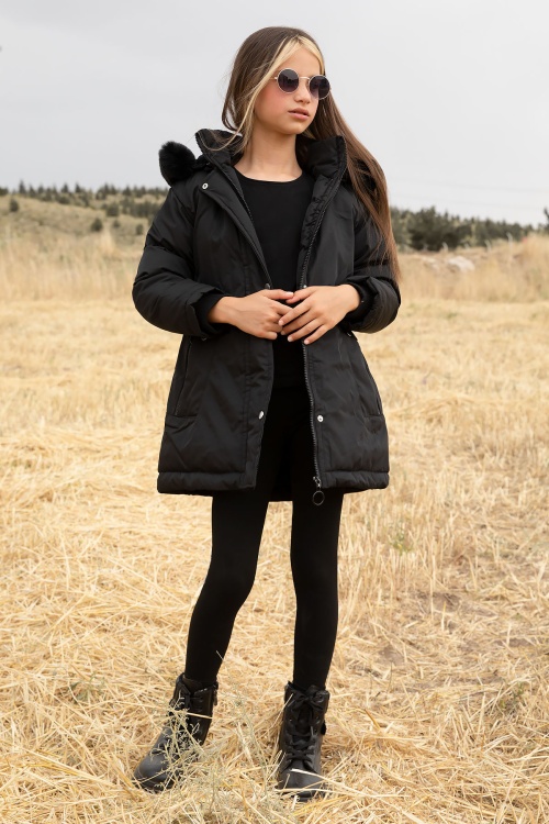 Siyah Kürklü İçi Astarlı Çıkarılabilir Kapüşonlu Kız Çocuk Mont 19053