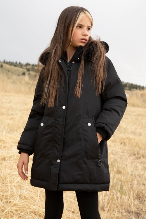 Siyah Kürklü İçi Astarlı Çıkarılabilir Kapüşonlu Kız Çocuk Mont 19053