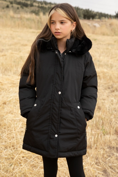 Siyah Kürklü İçi Astarlı Çıkarılabilir Kapüşonlu Kız Çocuk Mont 19053