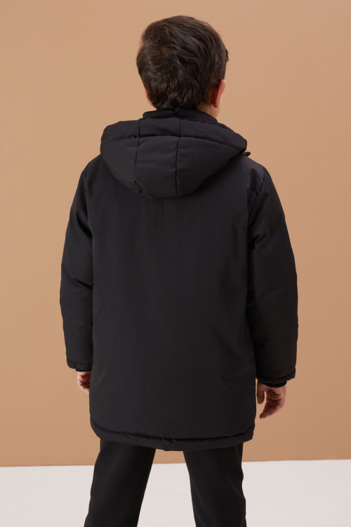 Siyah Kürklü Kapüşonlu Fermuarlı Göğüs Cepli Erkek Çocuk Mont 19075