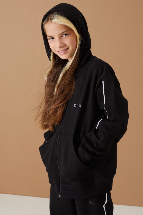 Siyah Original Yazılı Hırkalı Kız Çocuk Eşofman Takımı 19486