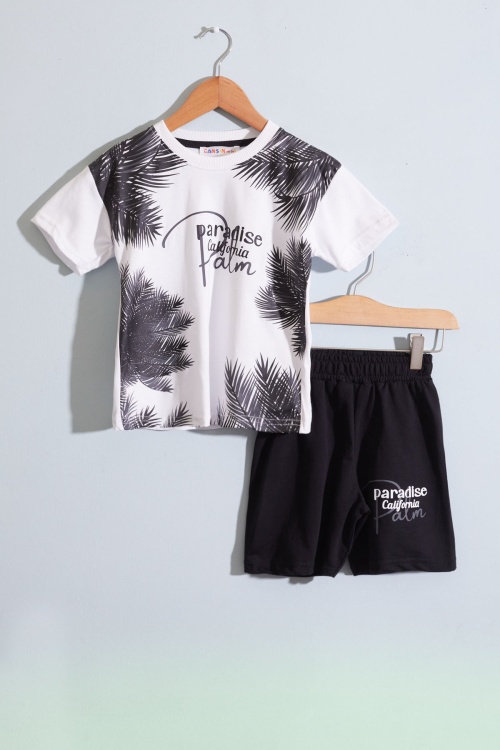 Siyah Paradise Yazılı Palmiyeli Erkek Çocuk Şortlu Takım 18937