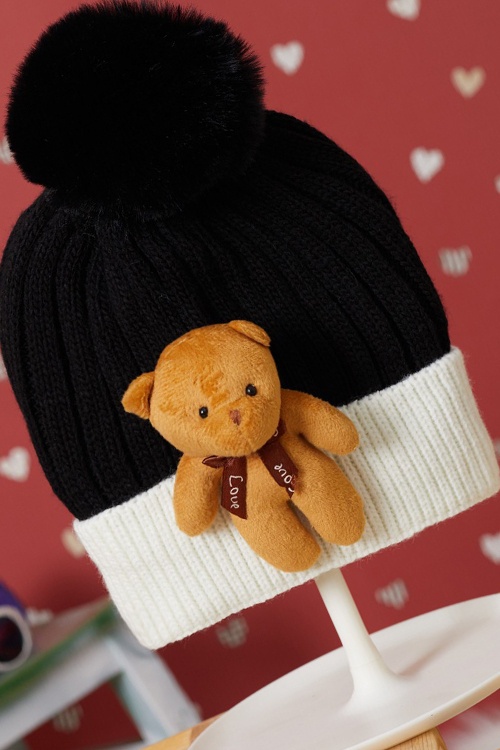 Siyah Sevimli Ayıcıklı Renkli Ponponlu Çocuk Bere 17235