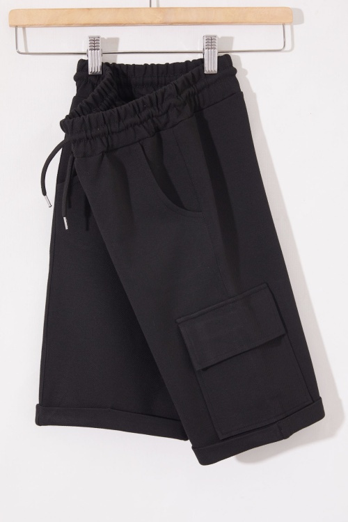 Siyah Tek Kargo Cepli Erkek Çocuk Düz Şort 18806