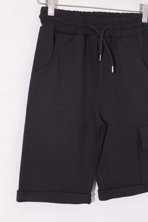 Siyah Tek Kargo Cepli Erkek Çocuk Düz Şort 18806