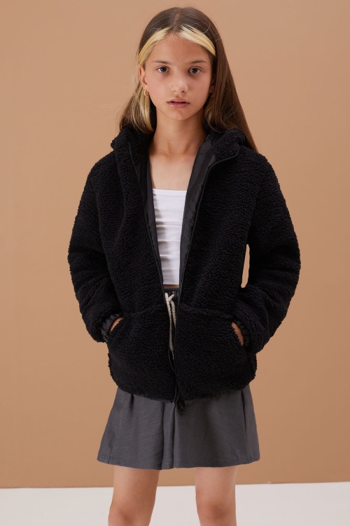 Siyah Kız Çocuk Kapüşonlu Peluş Hırka 5-15 Yaş 19102