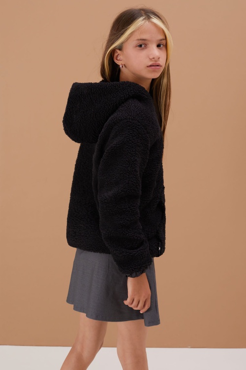 Siyah Kız Çocuk Kapüşonlu Peluş Hırka 5-15 Yaş 19102