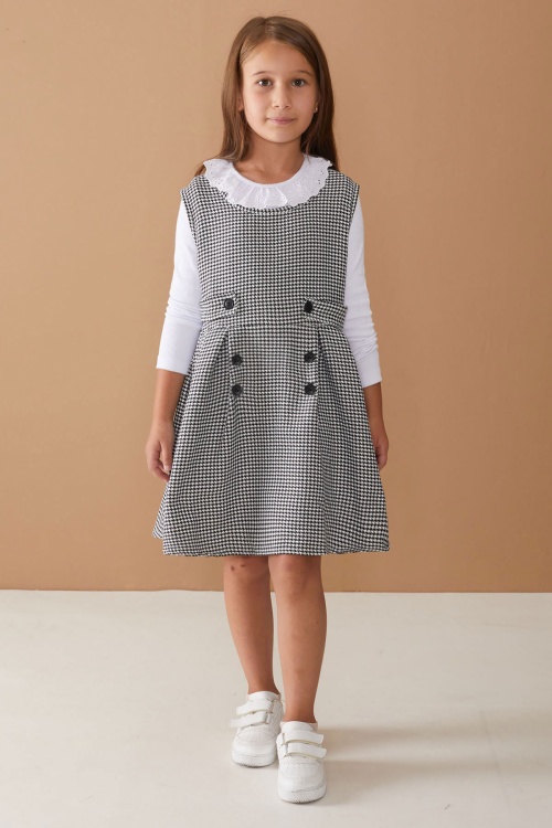 Siyah Uzun Kollu Badili Düğme Detaylı Kazayağı Kız Çocuk Elbise 18593