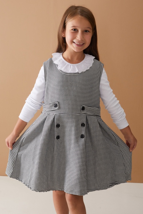 Siyah Uzun Kollu Badili Düğme Detaylı Kazayağı Kız Çocuk Elbise 18593