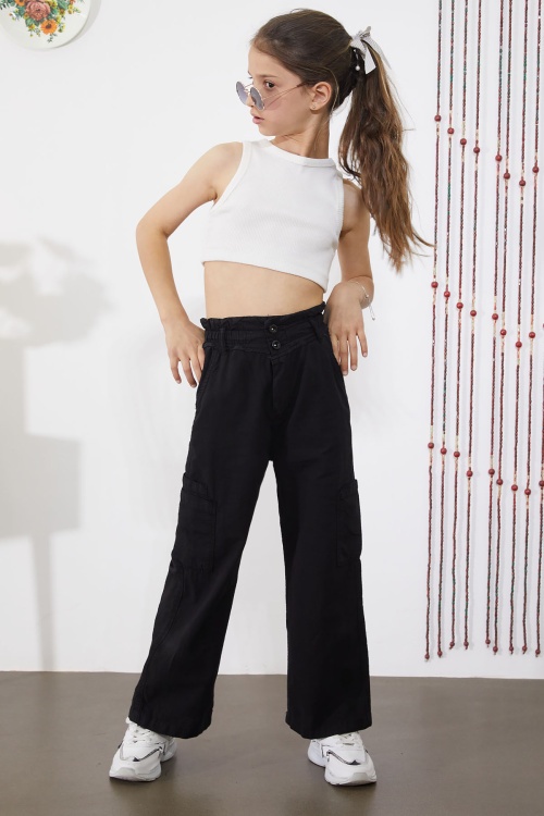 Siyah Yan Cepli Geniş Paça Kız Pantolon 18860