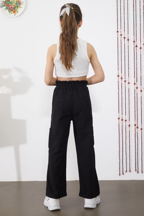 Siyah Yan Cepli Geniş Paça Kız Pantolon 18860