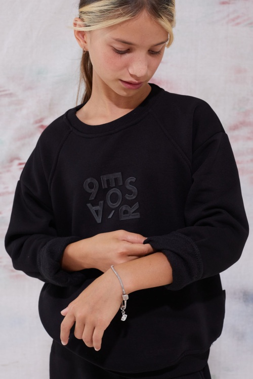 Siyah Yazı Baskılı Bisiklet Yaka Kız Çocuk Şardonlu Eşofman Takımı 19342