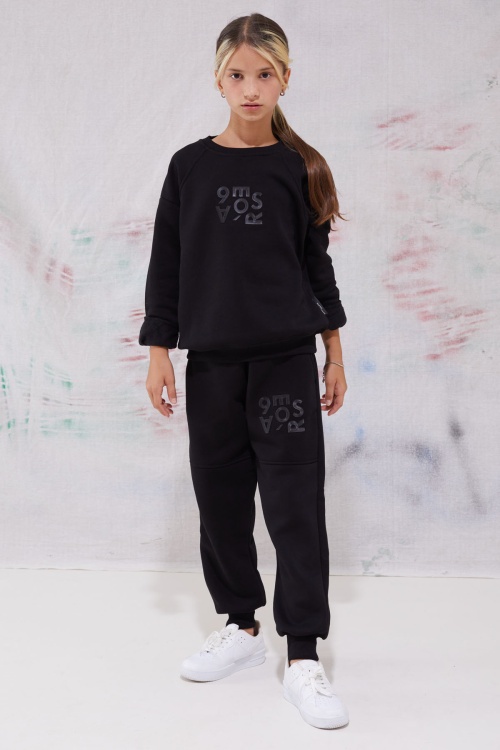 Siyah Yazı Baskılı Bisiklet Yaka Kız Çocuk Şardonlu Eşofman Takımı 19342