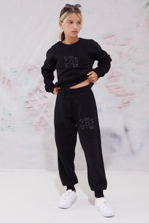 Siyah Yazı Baskılı Bisiklet Yaka Kız Çocuk Şardonlu Eşofman Takımı 19342