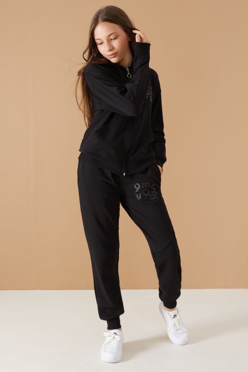 Siyah Yazı Baskılı Kapüşonlu Hırkalı Kız Eşofman Takımı 19223