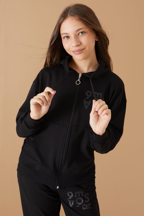 Siyah Yazı Baskılı Kapüşonlu Hırkalı Kız Eşofman Takımı 19223