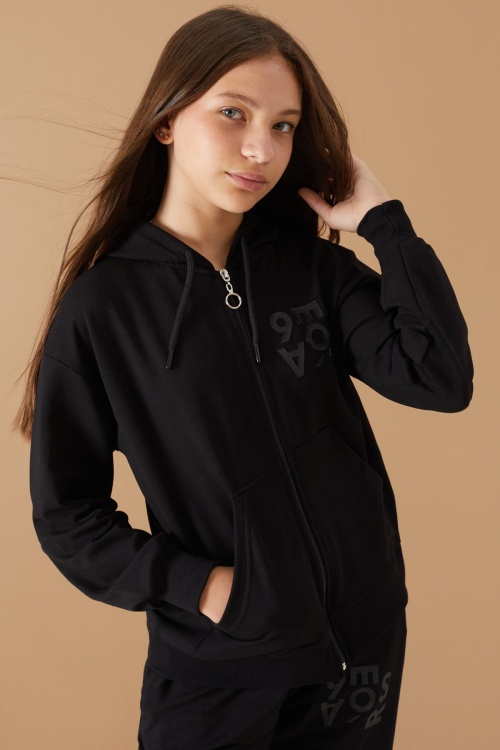 Siyah Yazı Baskılı Kapüşonlu Hırkalı Kız Eşofman Takımı 19223