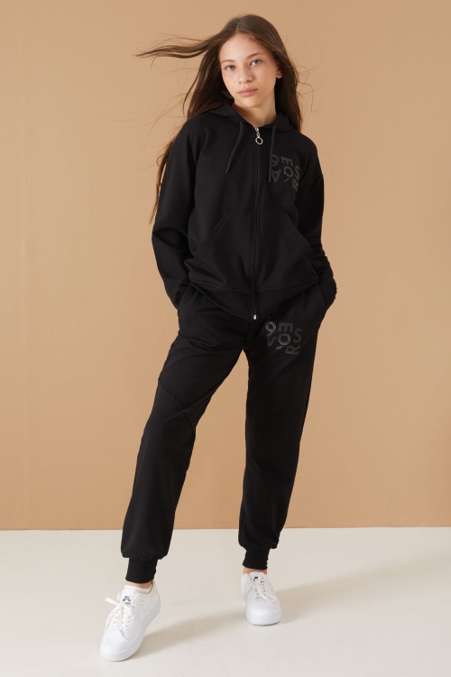 Siyah Yazı Baskılı Kapüşonlu Hırkalı Kız Eşofman Takımı 19223