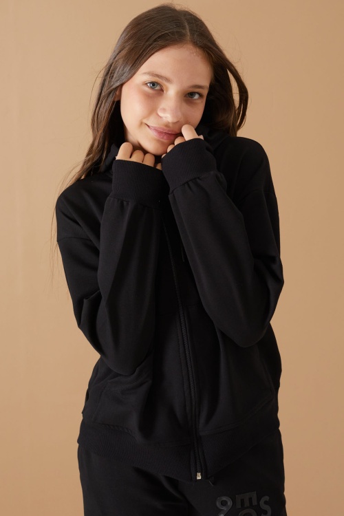 Siyah Yazı Baskılı Kapüşonlu Hırkalı Kız Eşofman Takımı 19223