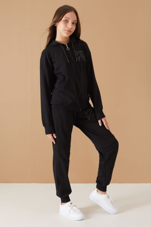 Siyah Yazı Baskılı Kapüşonlu Hırkalı Kız Eşofman Takımı 19223