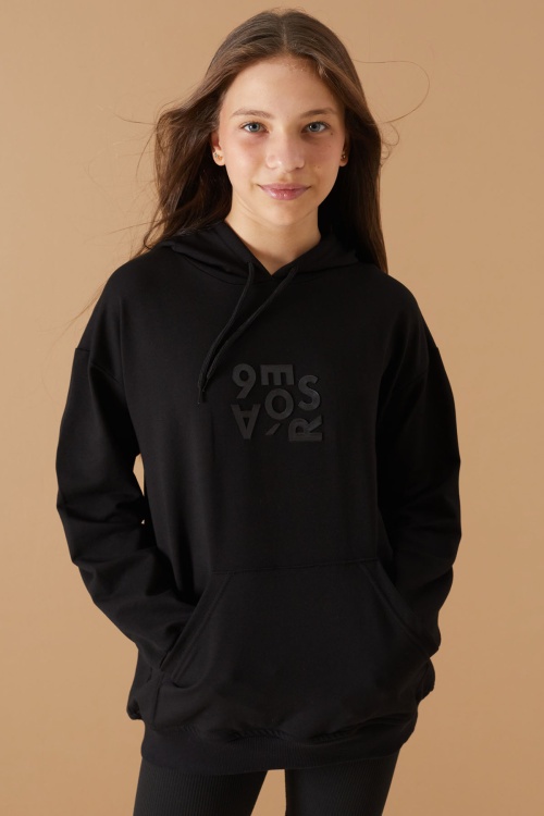 Siyah Yazı Kabartma Baskılı Kapüşonlu Kız Çocuk Sweatshirt 19309