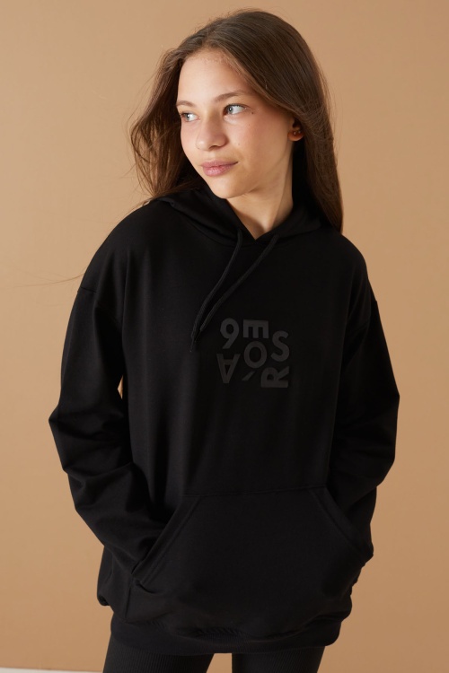 Siyah Yazı Kabartma Baskılı Kapüşonlu Kız Çocuk Sweatshirt 19309