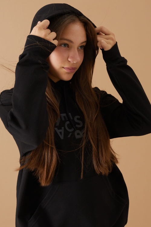 Siyah Yazı Kabartma Baskılı Kapüşonlu Kız Çocuk Sweatshirt 19309