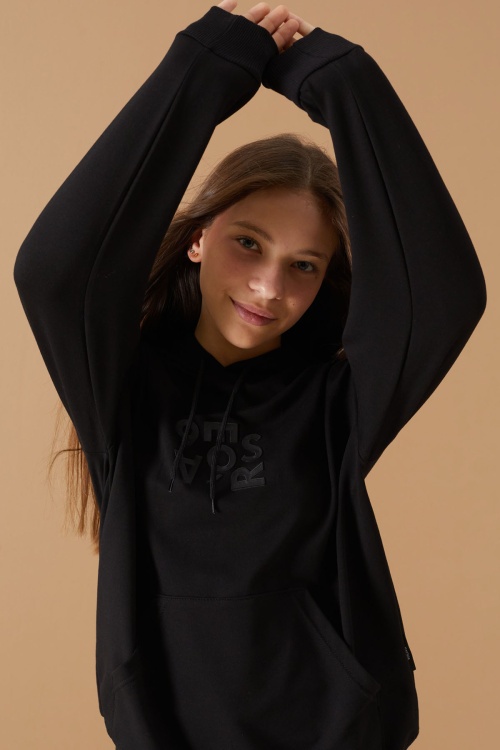 Siyah Yazı Kabartma Baskılı Kapüşonlu Kız Çocuk Sweatshirt 19309