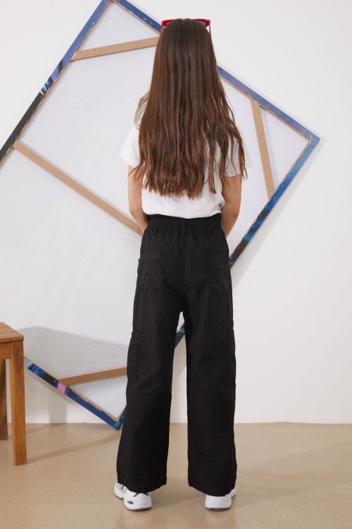 Siyah Yüksek Bel Çift Cepli Kız Paraşüt Pantolon 18927