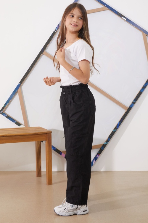 Siyah Yüksek Bel Çift Cepli Kız Paraşüt Pantolon 18927