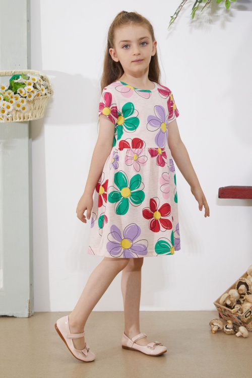 Somon Çiçek Baskılı Kısa Kollu Kız Çocuk Elbise 18795