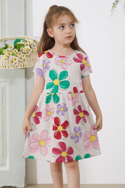 Somon Çiçek Baskılı Kısa Kollu Kız Çocuk Elbise 18795