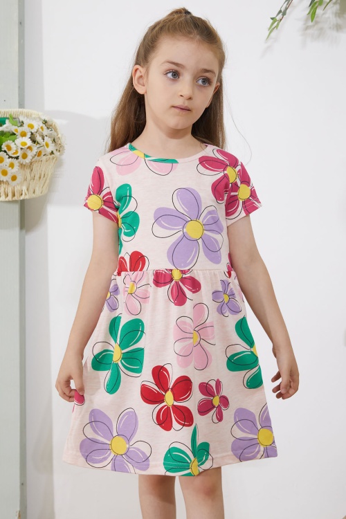 Somon Çiçek Baskılı Kısa Kollu Kız Çocuk Elbise 18795