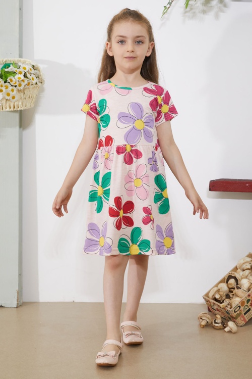 Somon Çiçek Baskılı Kısa Kollu Kız Çocuk Elbise 18795