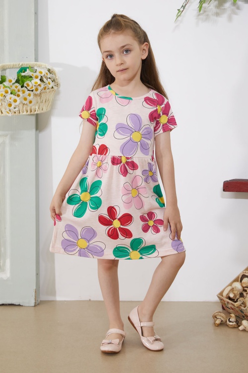 Somon Çiçek Baskılı Kısa Kollu Kız Çocuk Elbise 18795