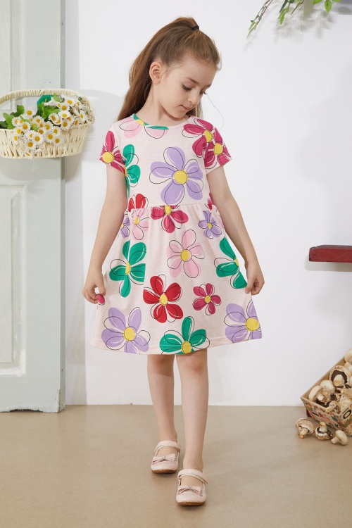 Somon Çiçek Baskılı Kısa Kollu Kız Çocuk Elbise 18795