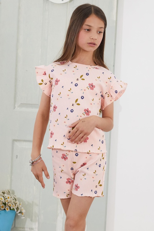Somon Çiçek Desenli Fırfırlı Kız Çocuk Şortlu Takım 18817