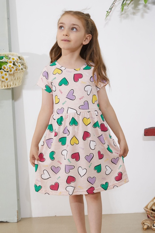 Somon Kalp Baskılı Kısa Kollu Kız Çocuk Elbise 18783