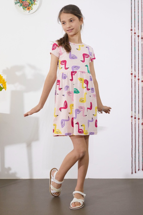 Somon Kuğu Baskılı Kısa Kollu Kız Çocuk Yazlık Elbise