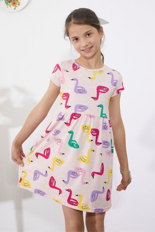 Somon Kuğu Baskılı Kısa Kollu Kız Çocuk Yazlık Elbise