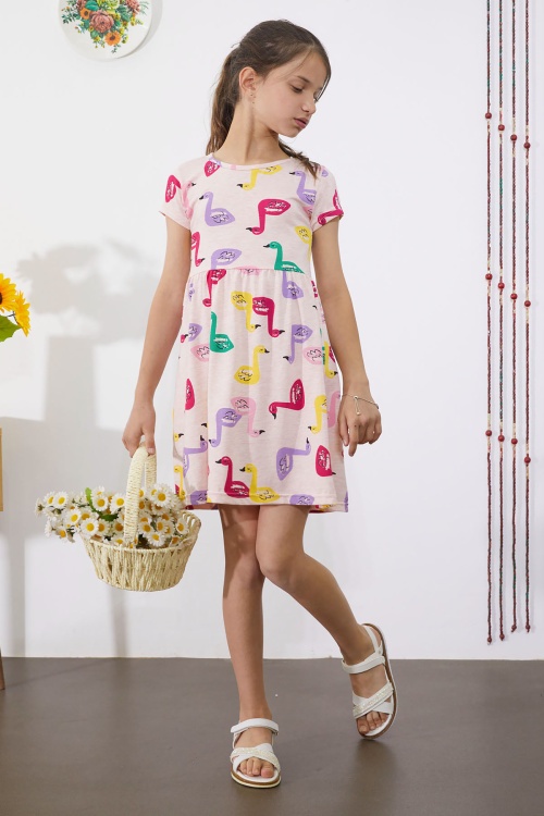 Somon Kuğu Baskılı Kısa Kollu Kız Çocuk Yazlık Elbise