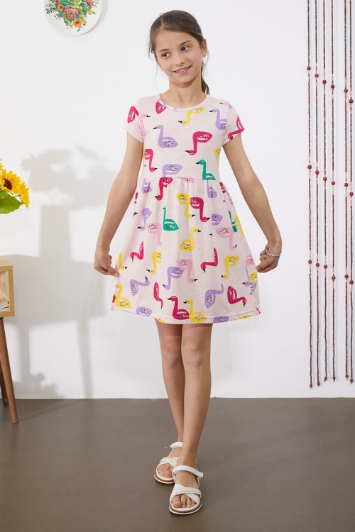 Somon Kuğu Baskılı Kısa Kollu Kız Çocuk Yazlık Elbise