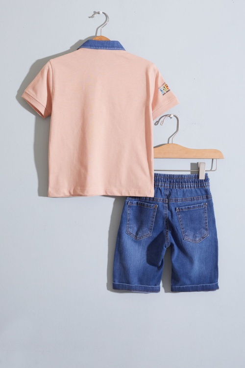 Somon Polo Yaka Surf Baskılı Jean Şortlu Erkek Çocuk Takım 18922