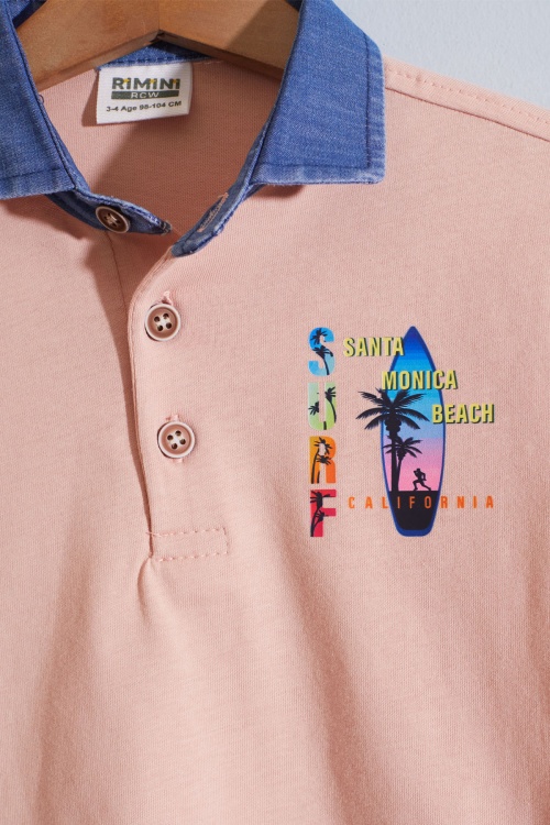 Somon Polo Yaka Surf Baskılı Jean Şortlu Erkek Çocuk Takım 18922