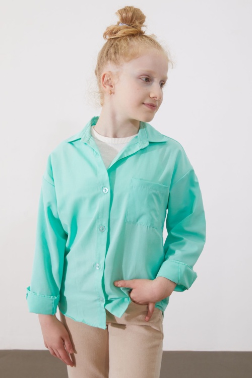 Su Yeşili Kız Çocuk Düğmeli Klasik Gömlek 18985