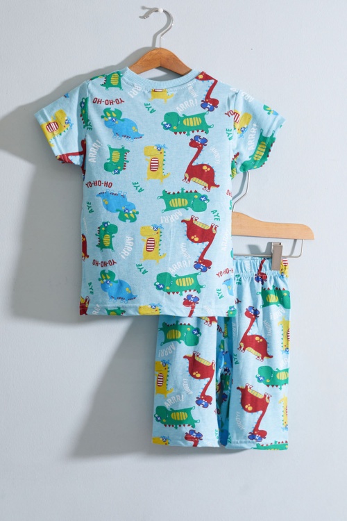 Turkuaz Dino Baskılı Bisiklet Yaka Erkek Çocuk Şortlu Takım 19029