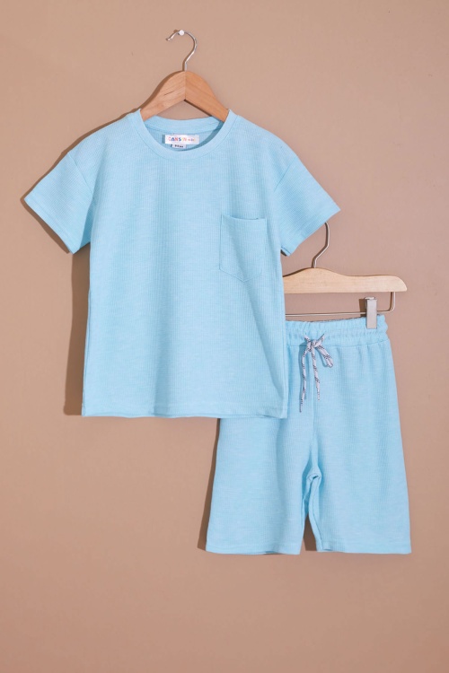 Turkuaz Erkek Çocuk Waffle Şortlu Takım 19096