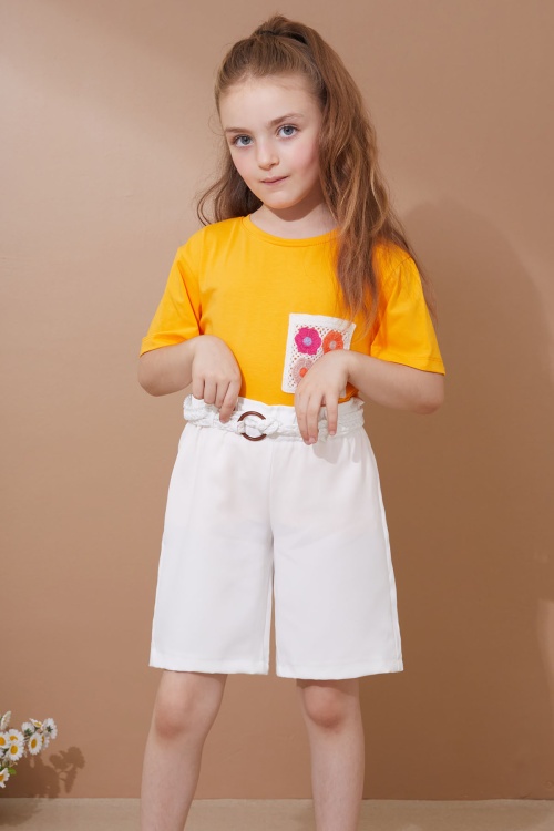 Turuncu Çiçek Cep Detaylı Kuşaklı Şortlu Kız Çocuk Takım 18737