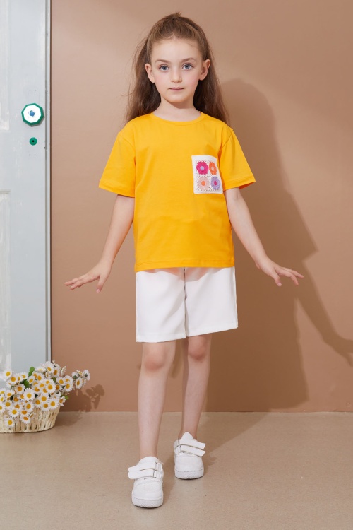Turuncu Çiçek Cep Detaylı Kuşaklı Şortlu Kız Çocuk Takım 18737